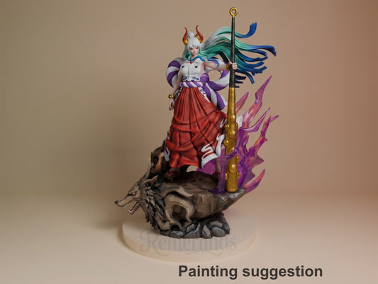 Painted Yamato from One Piece resin figure posed with kanabo on a sculpted dragon base.