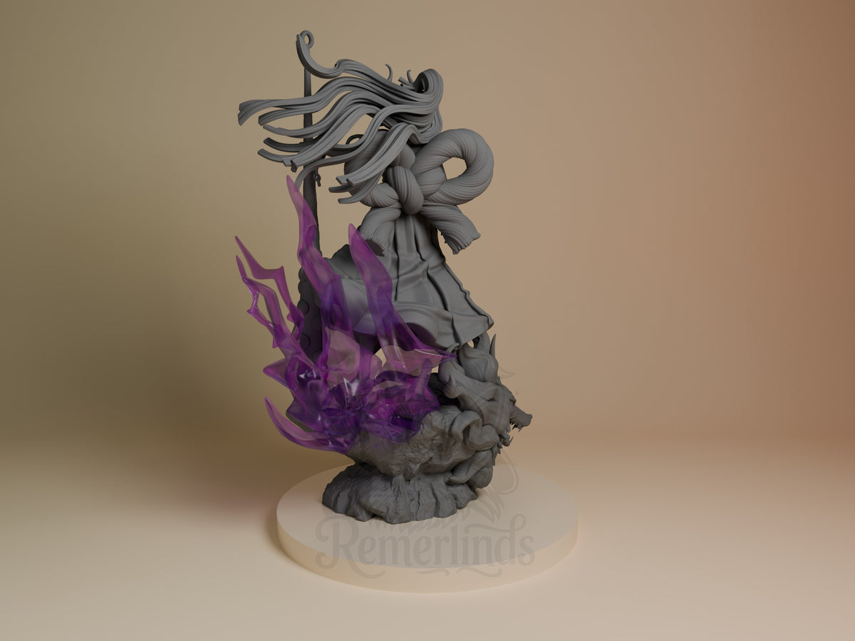 Yamato 3D resin figure from One Piece, left angle view, shown unpainted in gray with purple translucent flame effects, flowing hair detail, on cream base.