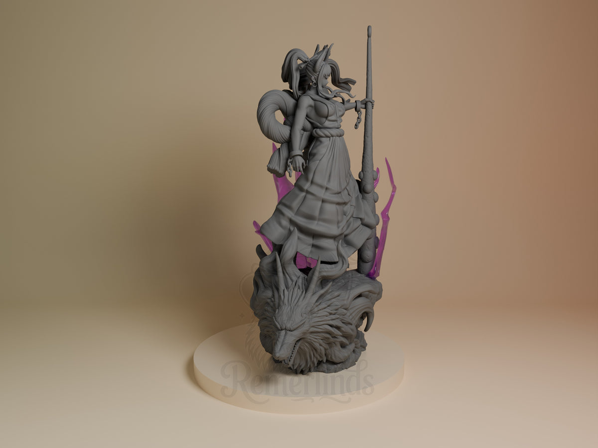 Yamato resin figure from One Piece, right side view, standing on beast head base with purple accents, holding staff, mostly unpainted gray with colored details.