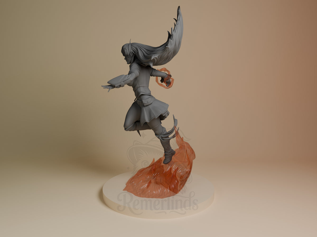 Yang Xiao Long resin figure shown from side angle in dynamic jumping pose with long hair flowing, gray-painted body and orange-painted gauntlets and base.