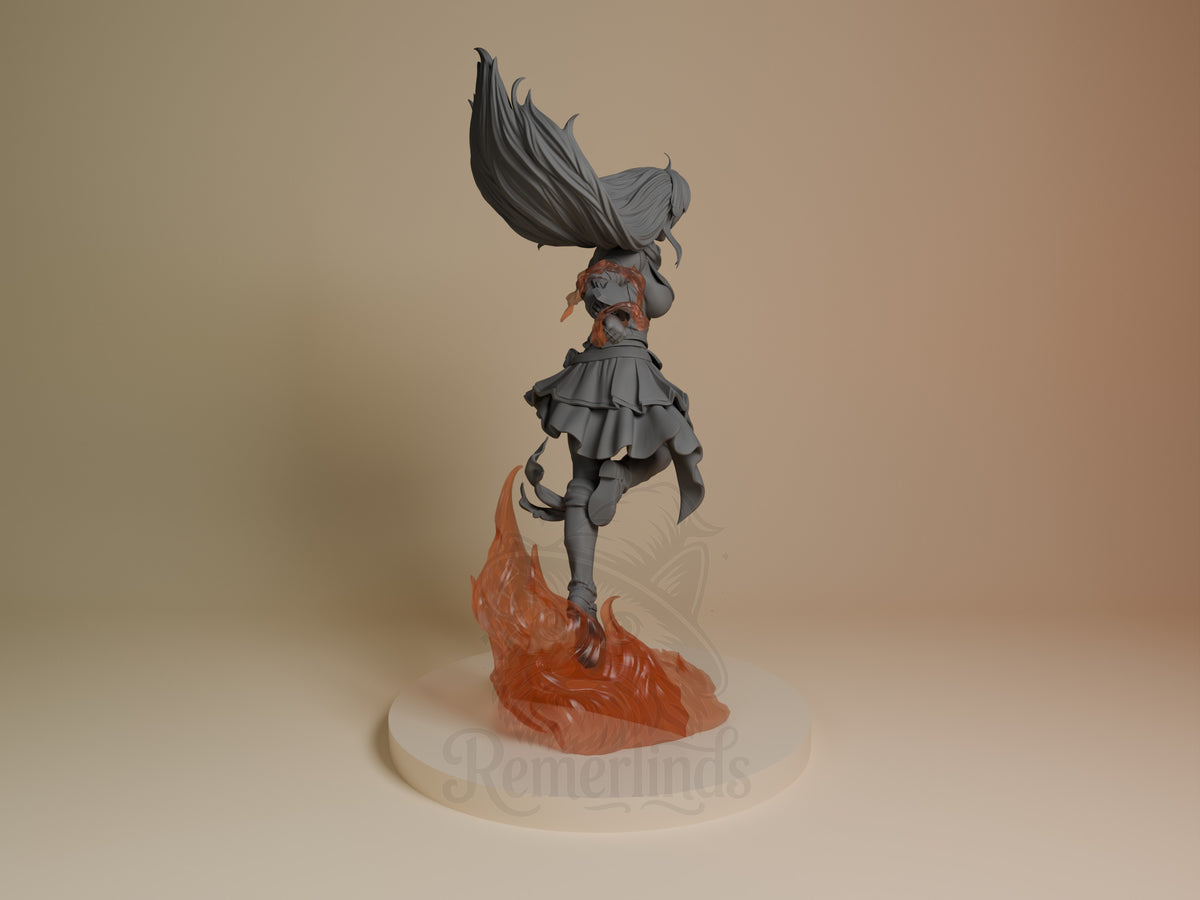 Yang Xiao Long resin figure from RWBY shown from behind, displaying her black hair flowing upward, layered dress with ruffled shoulders, and orange flame base detail on cream platform.
