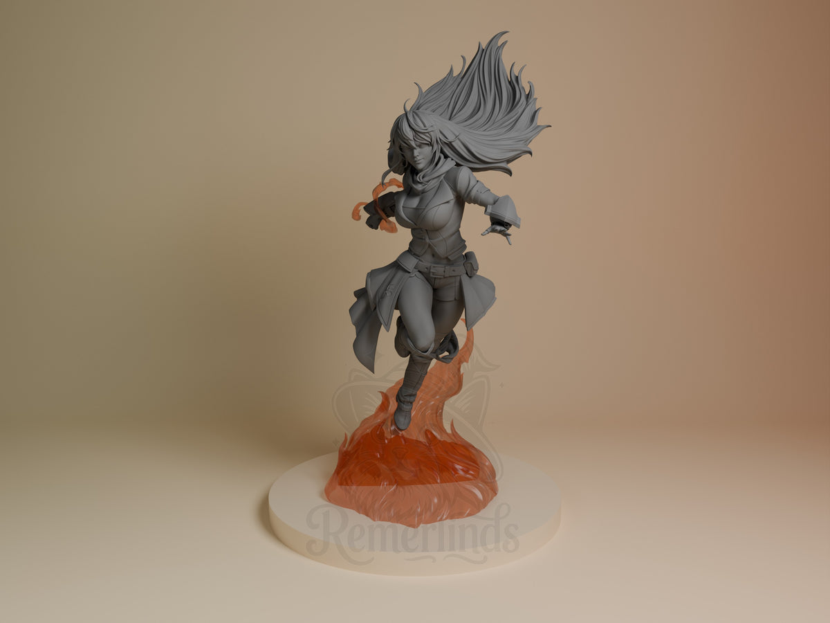 Yang Xiao Long resin figure in dynamic jumping pose with flowing hair, gray unpainted torso and limbs, orange painted hair and flame base, front view.