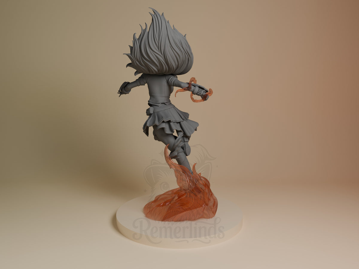 Yang Xiao Long resin figure shown from back, mid-action pose with spiky hair, black body suit, holding red revolver, red flame base, unpainted torso.