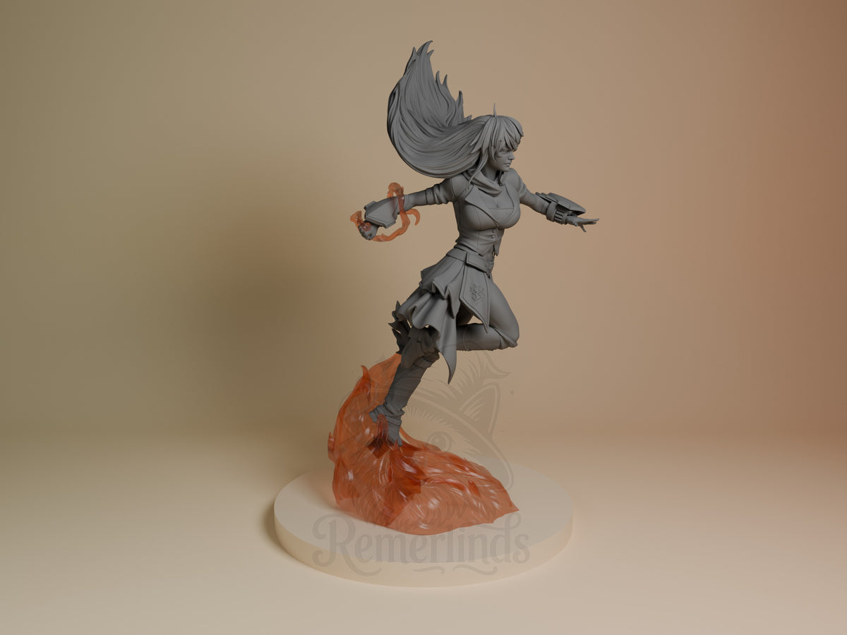 Yang Xiao Long resin figure shown from right side in dynamic jumping pose with flowing hair, holding weapons, painted gray with orange base details on cream platform.