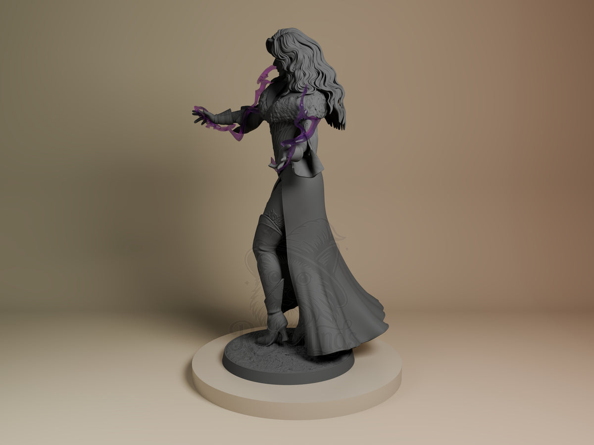 female sorceress Monster Hunter Geraldo 3D printed resin figure by Bulkamancer, angled view showing dimensional details.