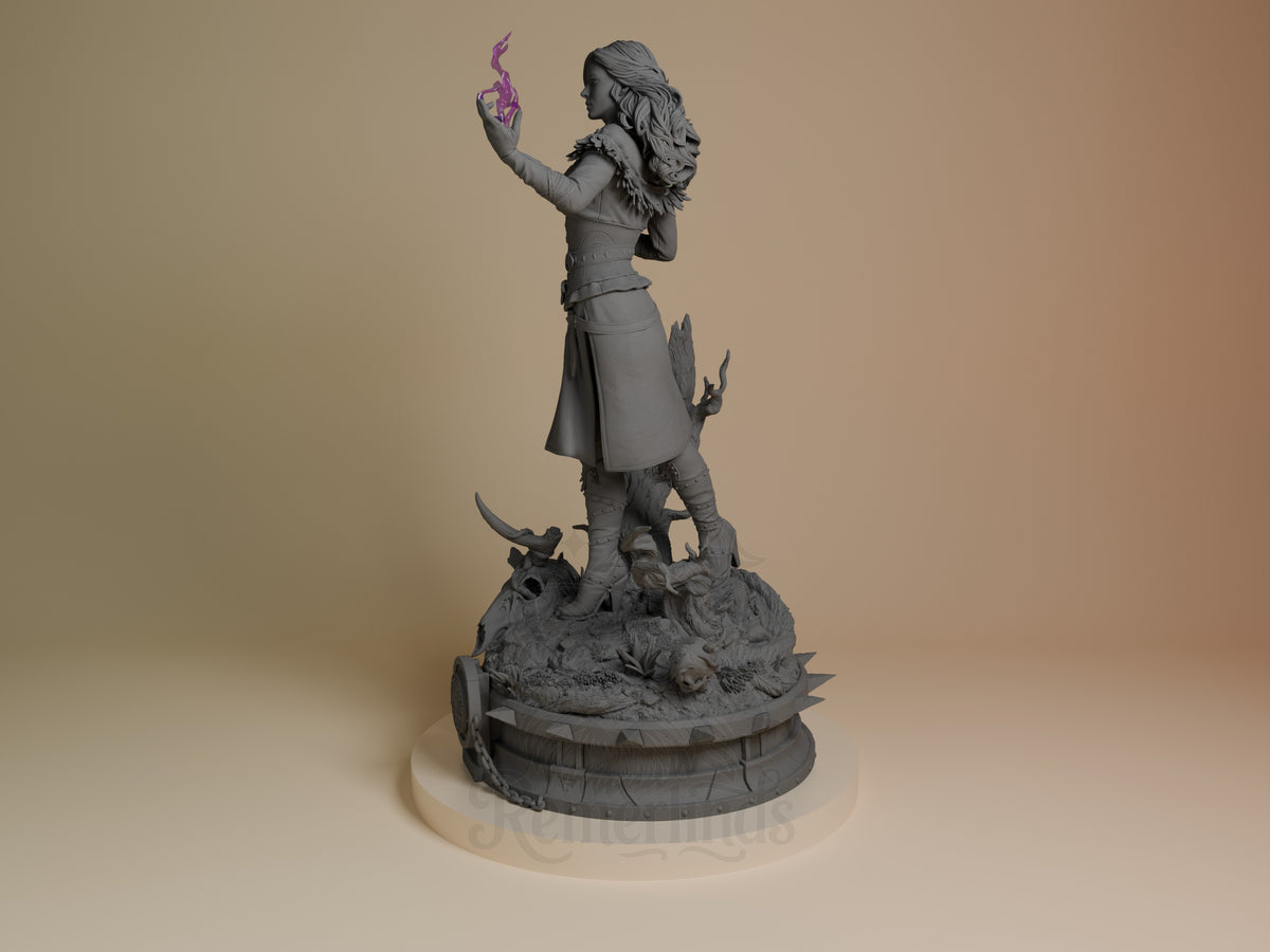Yennefer resin figure from The Witcher in gray primer, shown at an angle holding purple magic, standing on a detailed rocky base.