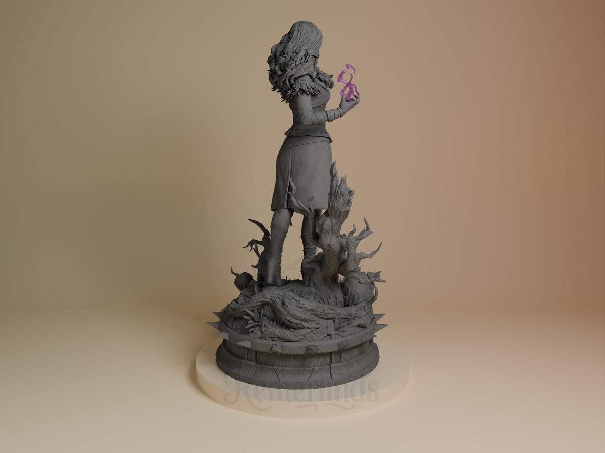 Yennefer from The Witcher resin figure shown from behind, standing on decorative base with purple magic effects, unpainted gray resin.