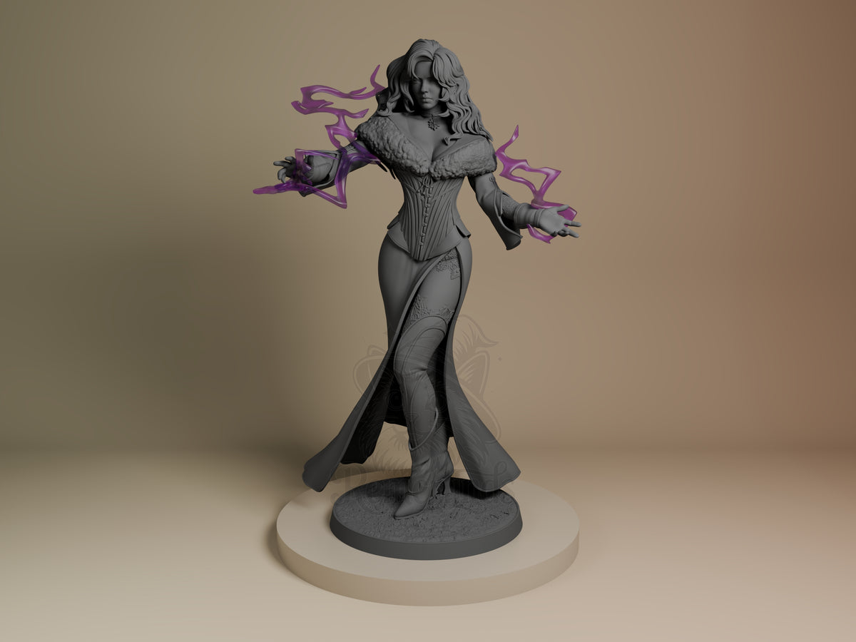 female sorceress Monster Hunter Geraldo 3D printed resin figure by Bulkamancer, unpainted front view. The figure depicts a female sorceress in a dynamic spell-casting stance, with purple magical effects flowing from her hands. She wears an elegant outfit featuring a fur collar, corset, and intricately patterned skirt and stockings, standing on a detailed circular base that anchors the composition.