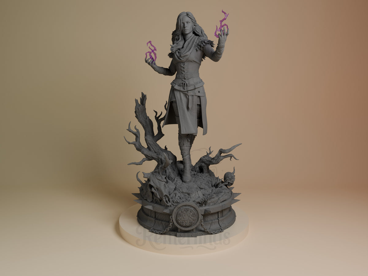 Yennefer from The Witcher resin figure displayed front-facing, casting purple magic flames from both hands, standing on a detailed base with gnarled branches and arcane symbols.