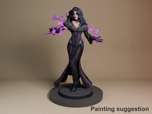 Yennefer from The Witcher resin figure in purple and black paint, posed with magical effects, on round base, front three-quarter view.