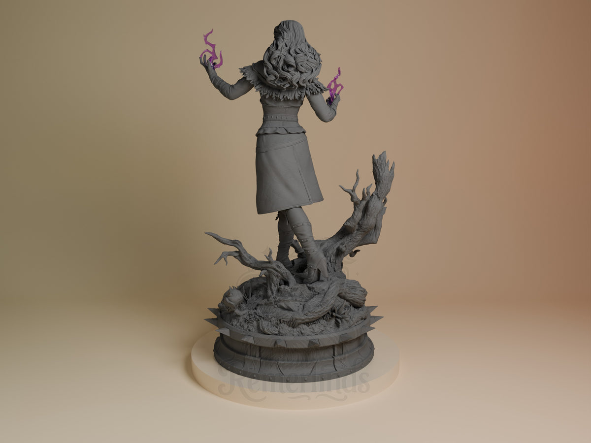 Yennefer resin figure from The Witcher, unpainted gray, shown from left side in casting pose with purple magic effects, standing on detailed base.