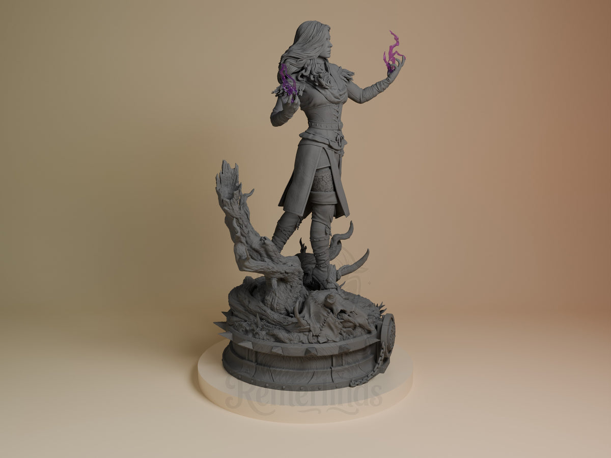 Yennefer from The Witcher resin figure shown from the right side, casting purple magic from her hands, standing on a detailed creature base.