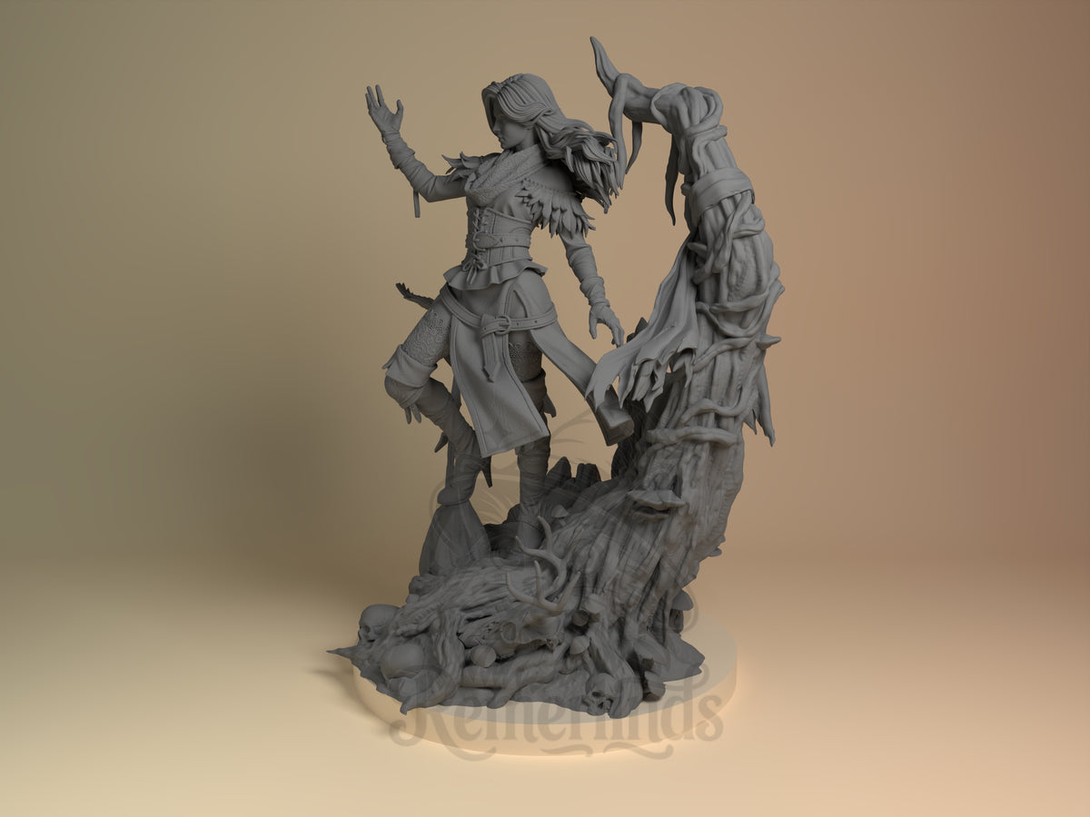 female sorceress Monster Hunter Geraldo 3D printed resin figure by Nomnom, angled view showing dimensional details.