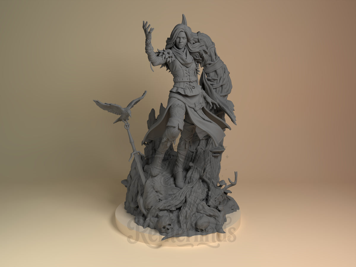 female sorceress Monster Hunter Geraldo 3D printed resin figure by Nomnom, unpainted front view. The figure depicts a female sorceress standing confidently with one arm raised in a spellcasting gesture, surrounded by an intricate base of natural elements and skulls. She wears detailed layered armor and flowing garments accented by a tattered cloak, with long hair moving dynamically. A staff topped with a perched bird adds to the overall mystical and commanding presence of the miniature.