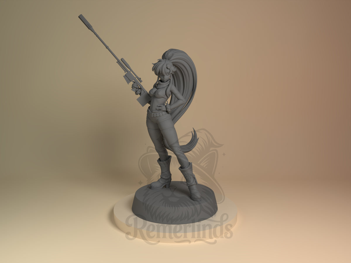 Scarlet Sniper Yona Spiral Mecha Saga 3D printed resin figure by Nomnom, unpainted front view. The figure depicts Scarlet Sniper Yona from Spiral Mecha Saga in a poised standing pose. She holds a detailed sniper rifle in one hand while her other hand rests on her hip, emphasizing her confident demeanor. Her long hair flows dramatically behind her, complementing the casual yet tactical outfit and boots. The figure is mounted on a simple round base, focusing attention on the character.
