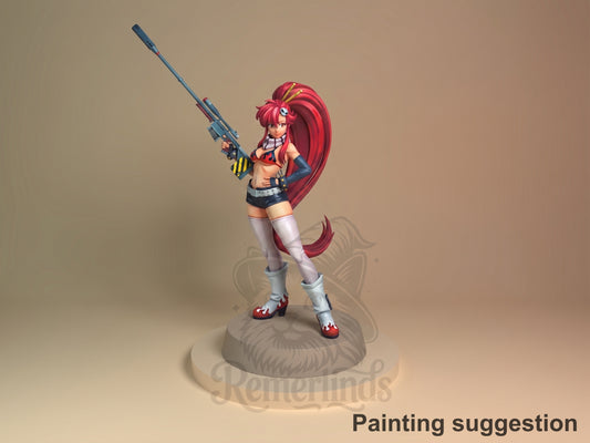 Painted Yoko Littner from Tengen Toppa Gurren Lagann resin figure stands with a rifle on a sculpted base.