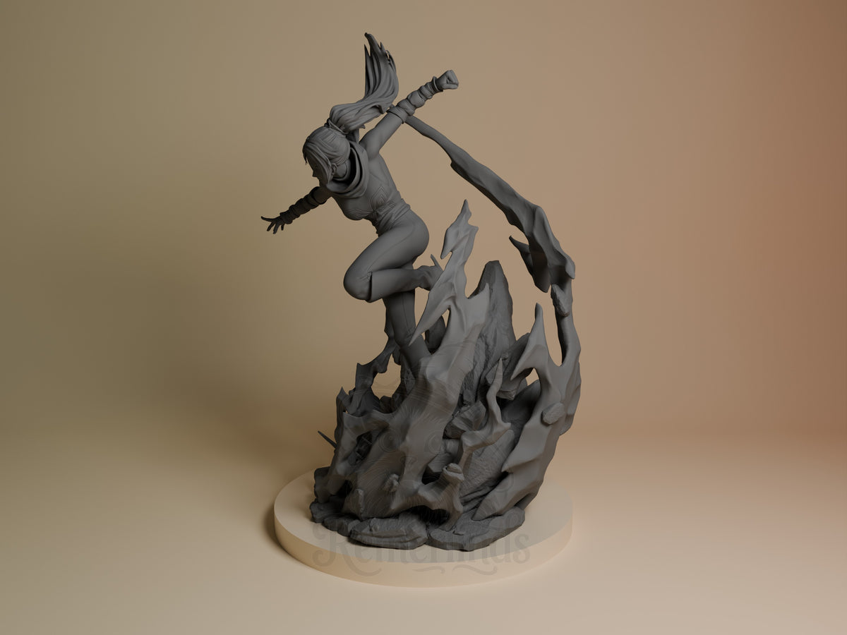 Yoruichi Shihōin resin figure in dynamic jumping pose with katana, unpainted gray finish, rocky base, angled side view.
