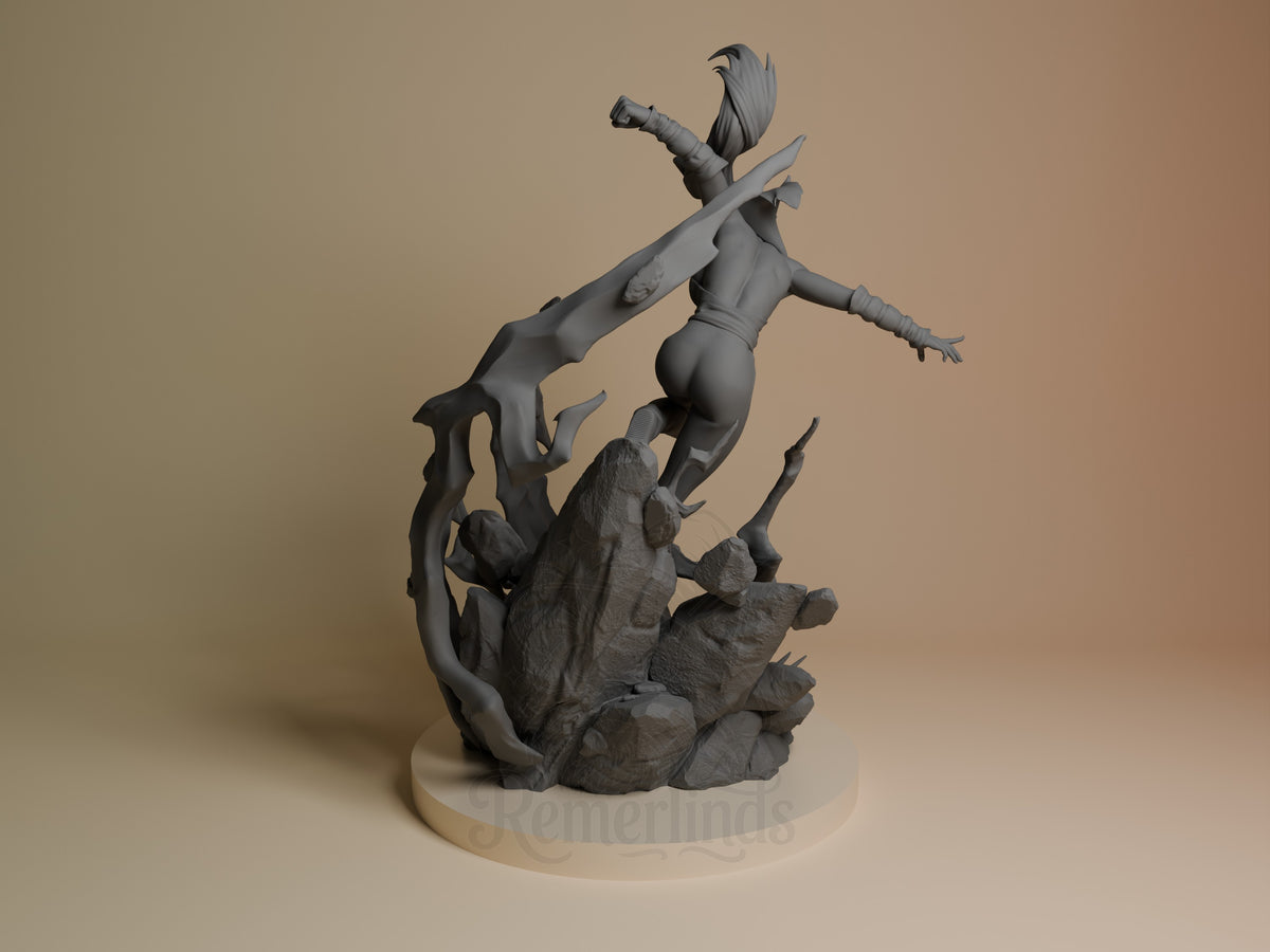 Yoruichi Shihōin resin figure shown from back, mid-leap pose with sword and flowing hair, unpainted gray resin on rocky base.