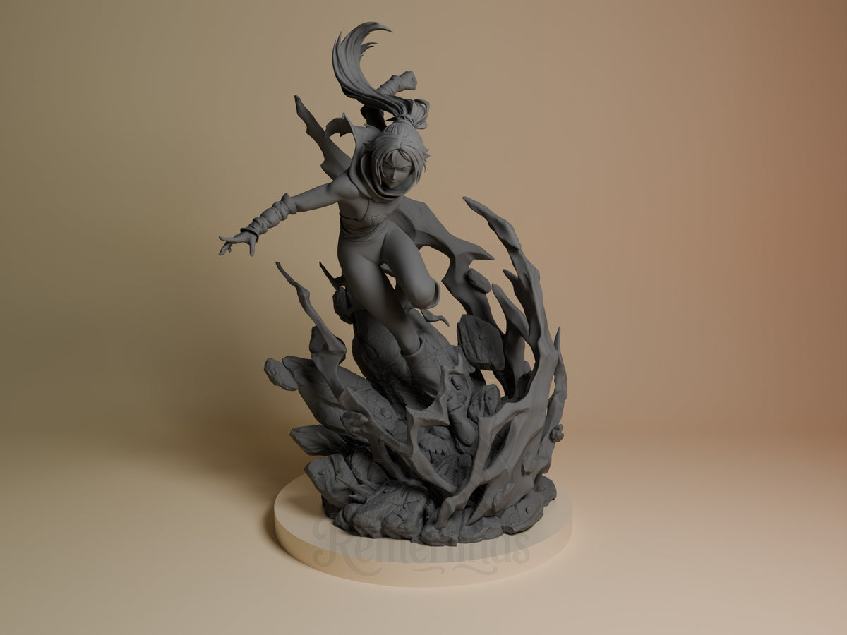 Yoruichi Shihōin resin figure from Bleach, unpainted gray, posed dynamically on jagged rocky base, front view.