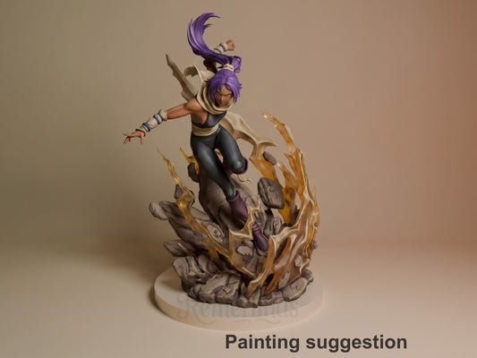 Yoruichi Shihōin resin figure in dynamic jumping pose with purple hair, black outfit, on rocky golden base with flame effects, fully painted.