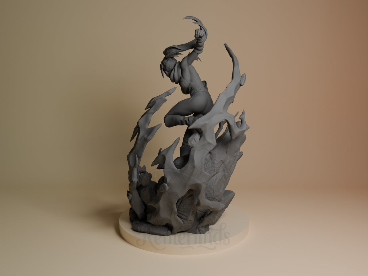 Yoruichi Shihōin resin figure from Bleach, shown in dynamic climbing pose against rocky base, unpainted gray finish, photographed from left side angle.
