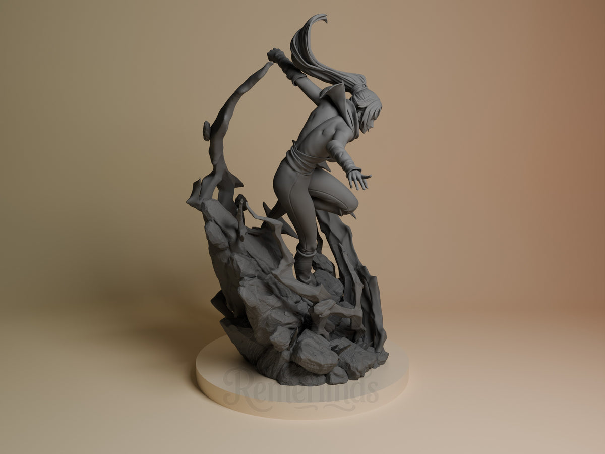 Yoruichi Shihōin resin figure mid-leap on rocky base, dynamic pose with flowing hair, unpainted gray finish, viewed from right side angle.