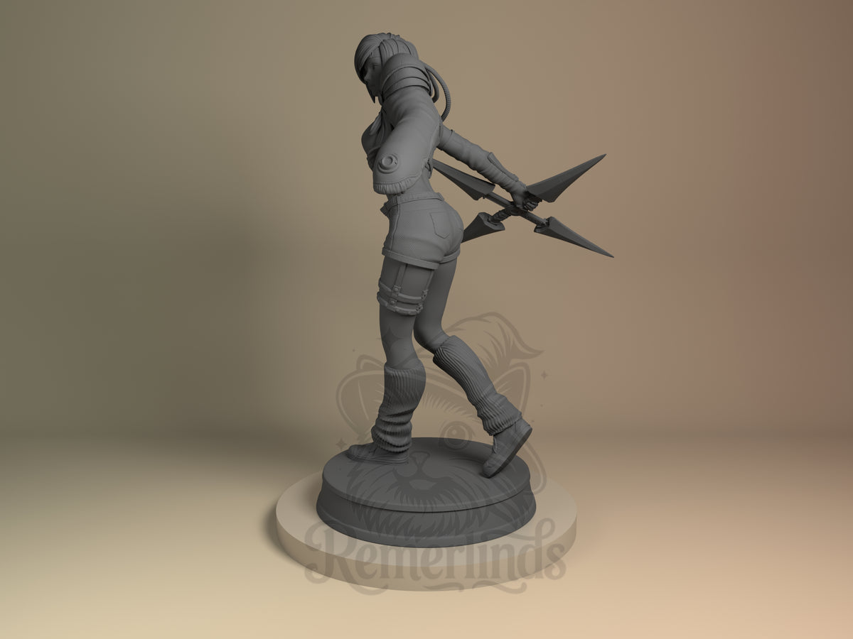 Yuffie Kisaragi resin figure from Final Fantasy in dynamic throwing pose, holding shuriken weapon, unpainted gray resin on circular base, three-quarter view angle.