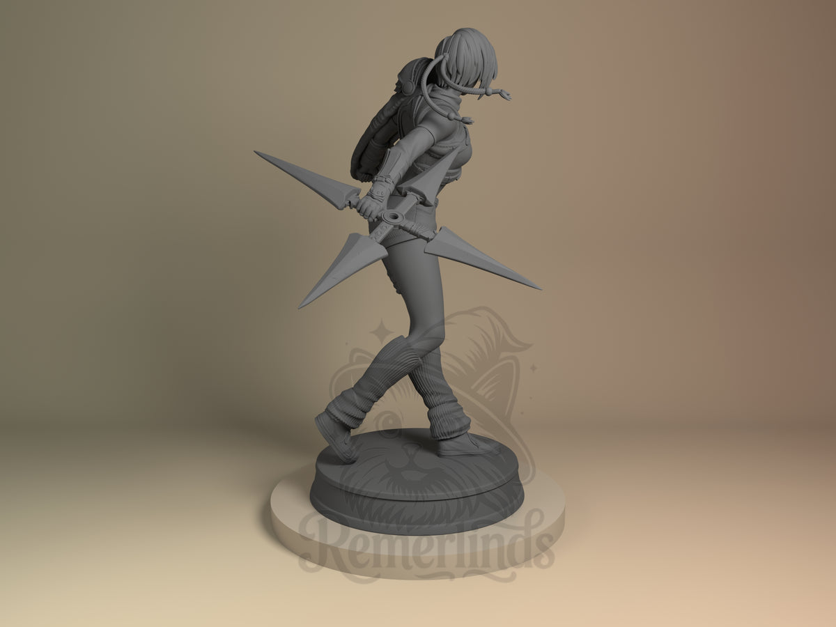 Yuffie Kisaragi resin figure from Final Fantasy, unpainted gray, shown from back angle in dynamic pose wielding large shuriken, standing on circular base.