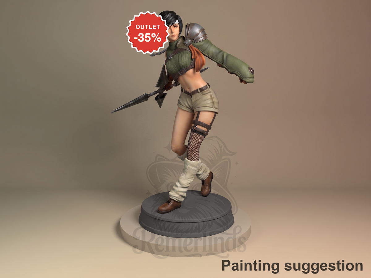 Yuffie Kisaragi resin figure in dynamic jumping pose with sword and glove, painted in green and tan outfit, standing on black base.