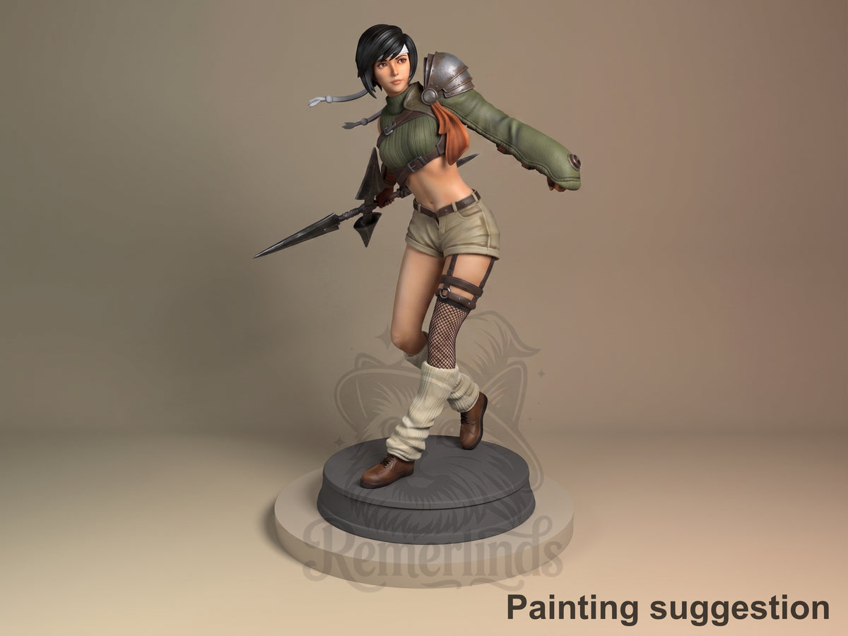 A painted Yuffie Kisaragi from Final Fantasy resin figure poses with shuriken on a round base.