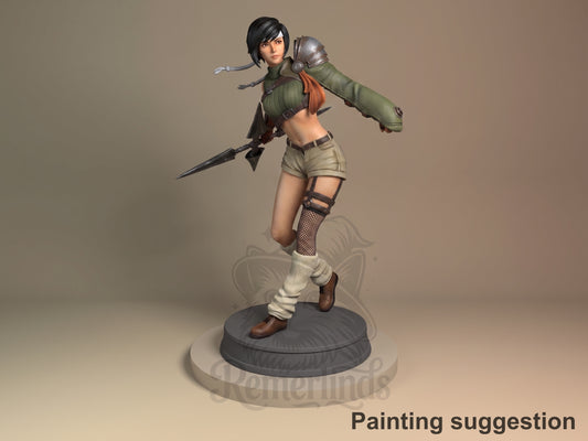 A painted Yuffie Kisaragi from Final Fantasy resin figure poses with shuriken on a round base.