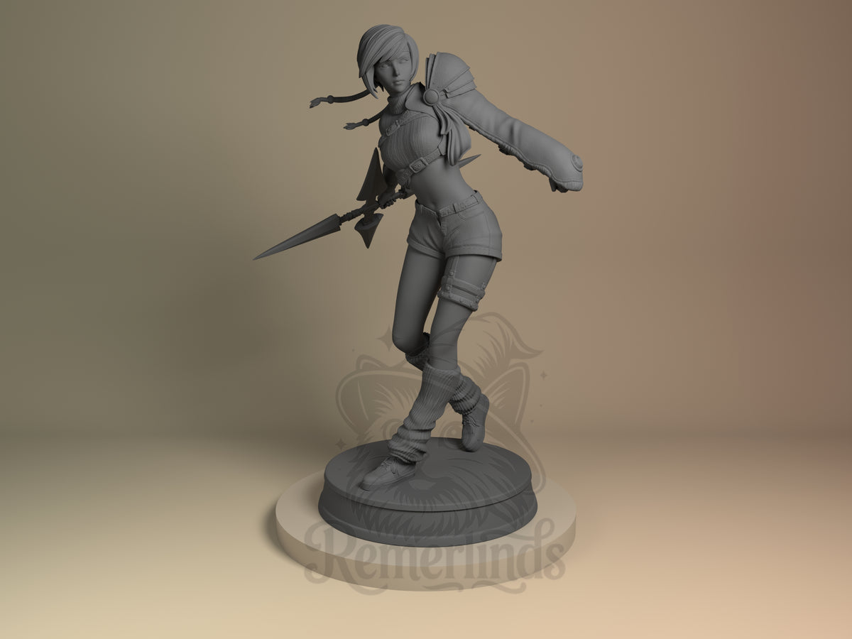 Yuffie Kisaragi resin figure in dynamic attacking pose with sword raised, unpainted gray finish, detailed base, front three-quarter view from Final Fantasy.