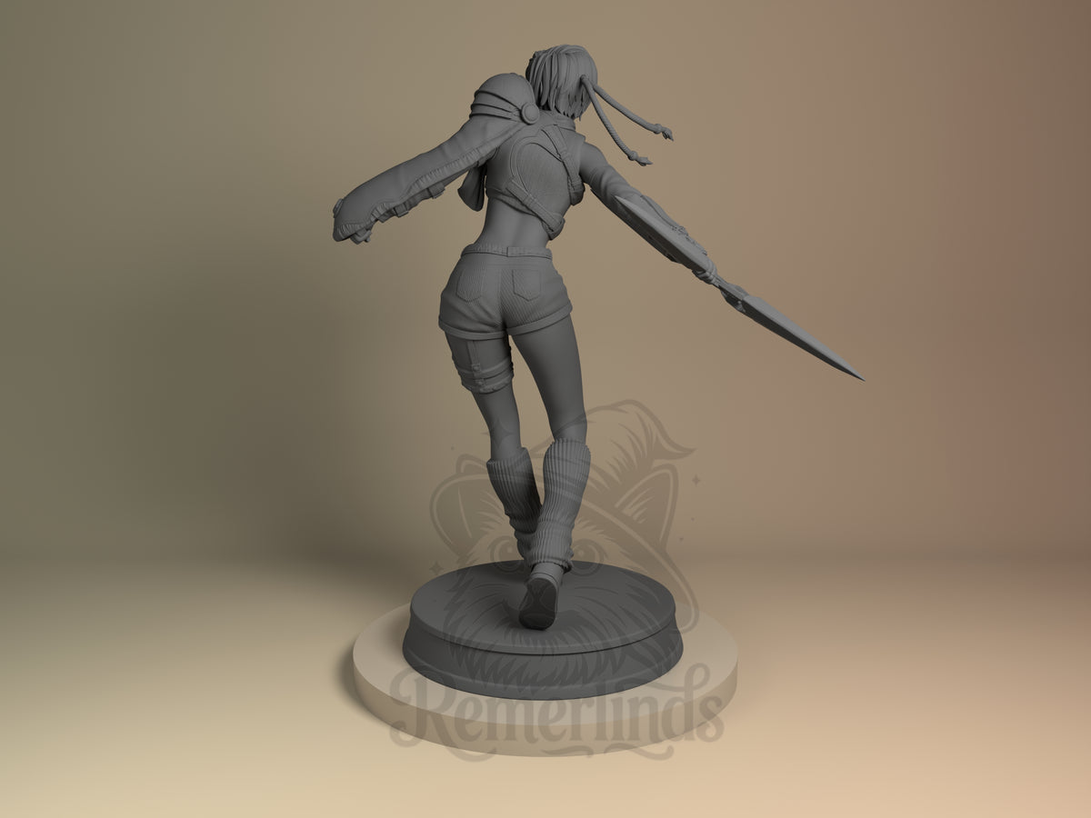 Yuffie Kisaragi resin figure from Final Fantasy, unpainted gray, shown from rear left angle wielding her signature weapon, dynamic leaping pose on circular base.