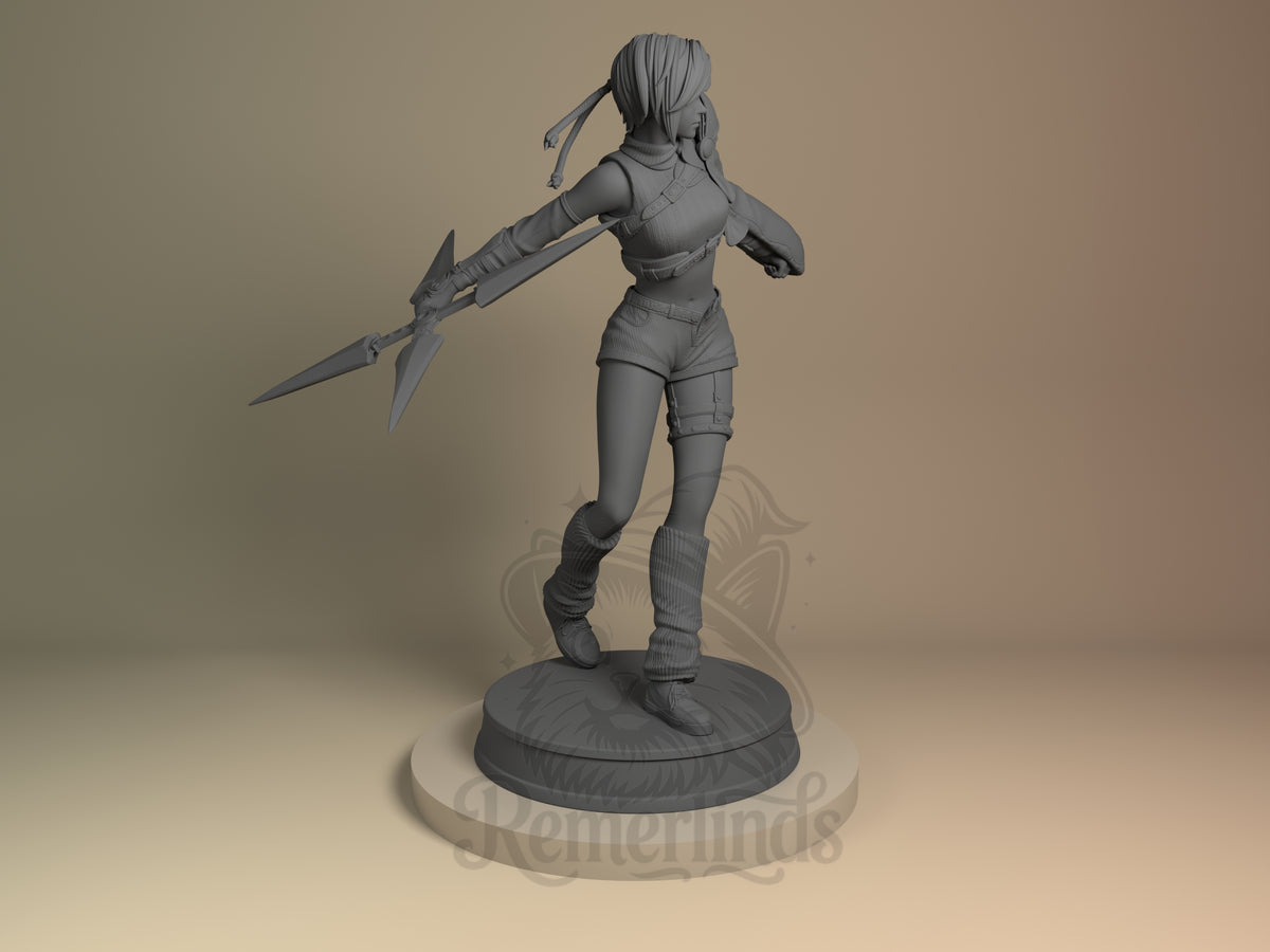 Yuffie Kisaragi resin figure shown from the right side in dynamic pose, wielding her large shuriken weapon, unpainted gray finish on circular base.