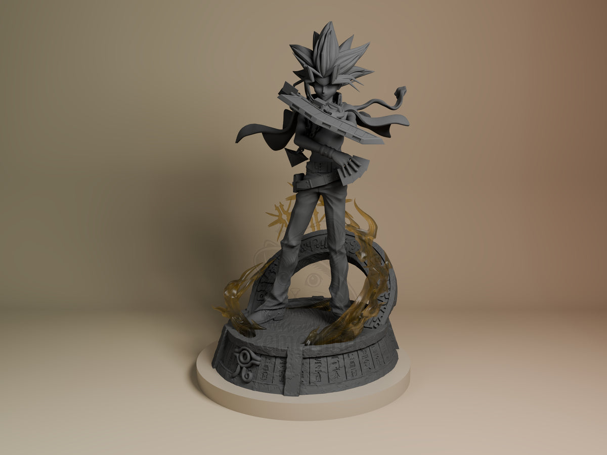 Generic Duelist Card Duel Saga 3D printed resin figure by myAnimate, unpainted front view. The 3D printed resin miniature depicts a character in a confident standing pose, arms positioned for dueling. The figure is accessorized with a duel disk on the left arm and playing cards in the right hand, with characteristic spiky hair and a flowing scarf adding dynamic motion. The detailed base features ancient inscriptions and a smoky element that enhances the dramatic composition.