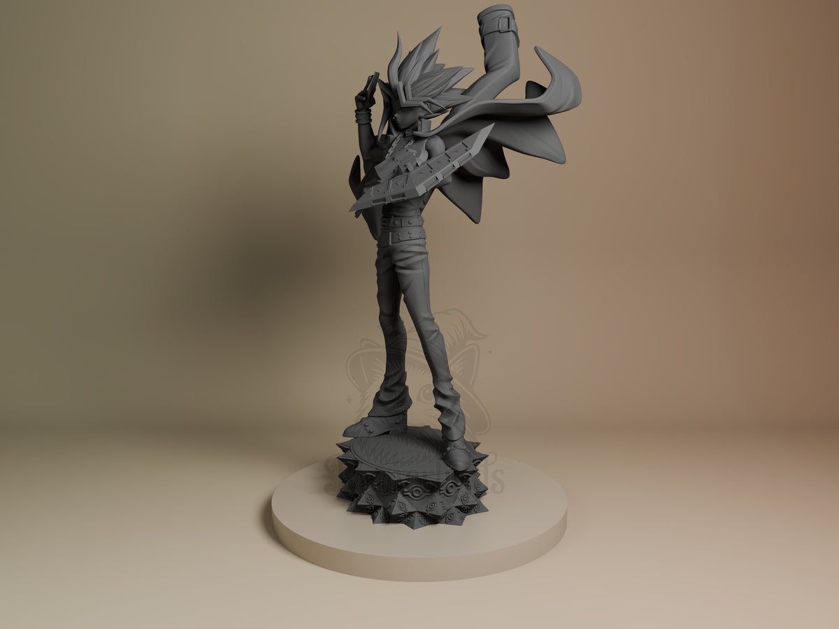 Yugi from Yu-Gi-Oh! stands in a dynamic angled pose as an unpainted resin figure.