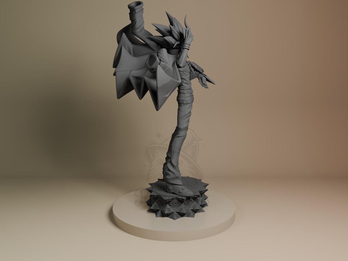 Right-angle view of unpainted Yugi from Yu-Gi-Oh! resin figure on a sculpted base.