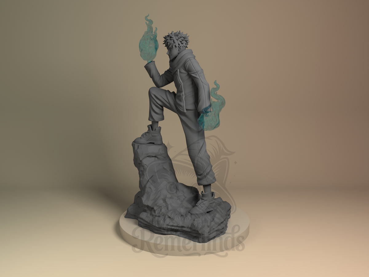 Side-angle view of Yuji Itadori from Jujutsu Kaisen, an unpainted resin figure with raised fists and sculpted rocky base.
