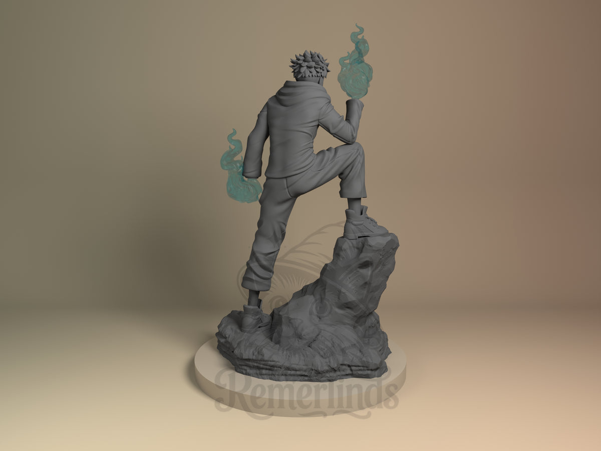 Back view of unpainted Yuji Itadori from Jujutsu Kaisen, a resin figure on a rocky base with raised knee and flame effects.
