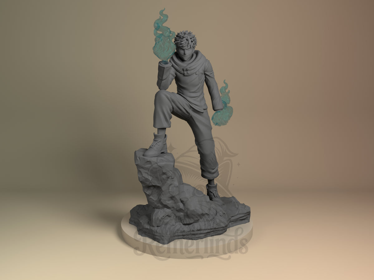 Front view of unpainted Yuji Itadori resin figure from Jujutsu Kaisen on a sculpted rocky base.