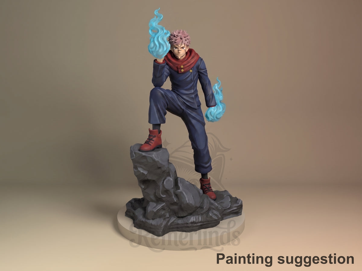 Painted Yuji Itadori from Jujutsu Kaisen resin figure poses on a sculpted rocky base.