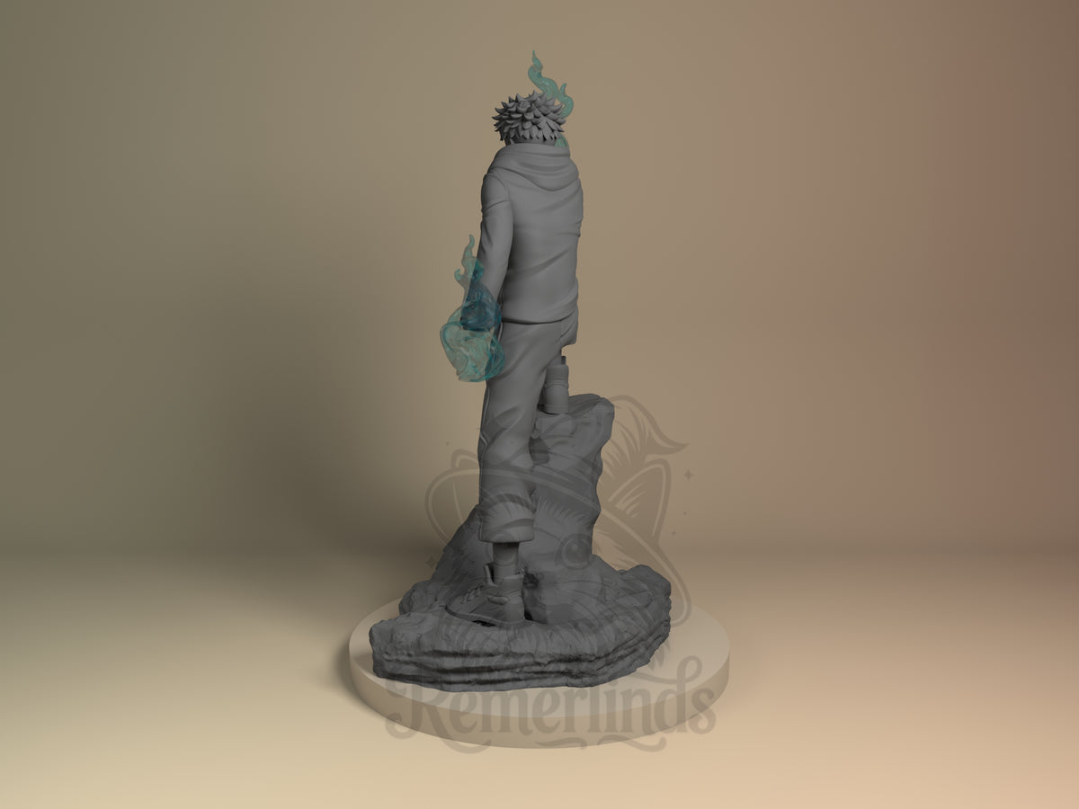 Rear three-quarter view of unpainted Yuji Itadori resin figure from Jujutsu Kaisen on a sculpted base.