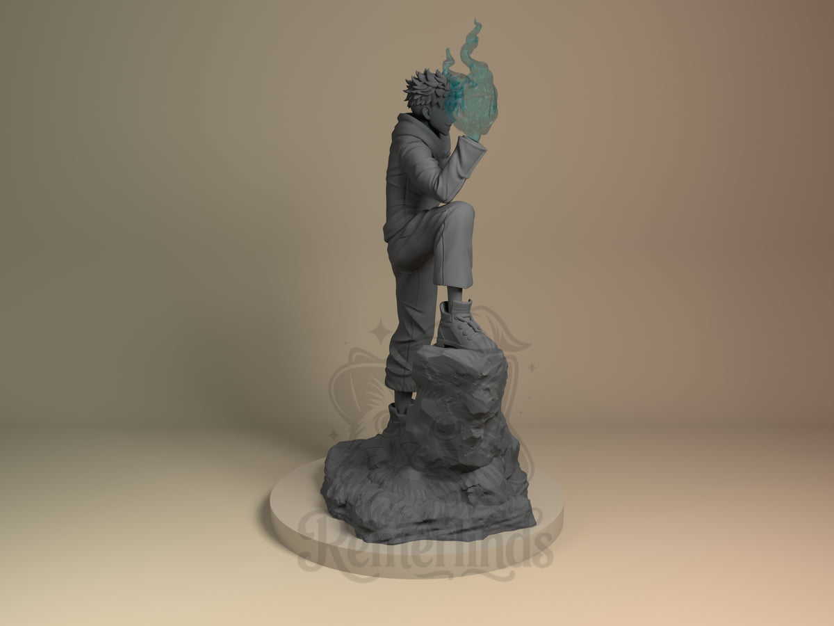 Unpainted Yuji Itadori from Jujutsu Kaisen kneels, shown as a resin figure on a rocky base.