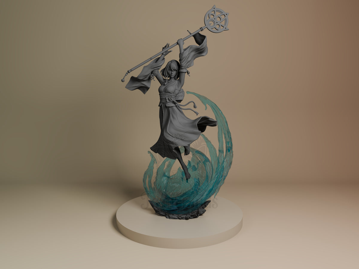 Yuna Final Fable 3D printed resin figure by Nomnom, unpainted front view. The figure depicts Yuna from Final Fantasy in an action pose, seemingly casting a spell or performing a summoning with her staff raised high. The flowing dress and hair along with the translucent blue swirling effect at the base create a sense of motion and magic. The overall composition balances elegance and energy, capturing Yuna's ethereal and powerful presence.
