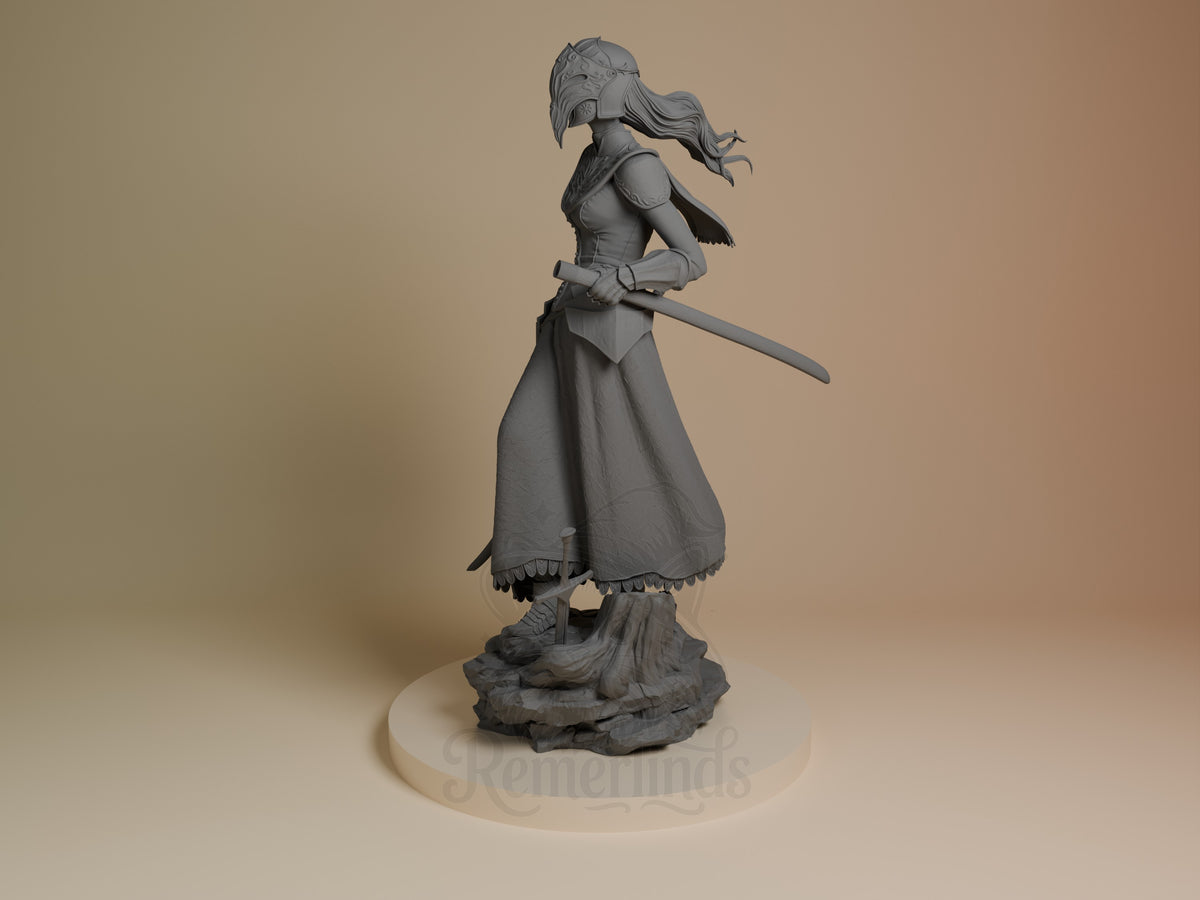 Yuria of Londor resin figure shown from side angle, unpainted gray, holding sword, flowing dress with decorative hem, organic base, CA3D Studios.