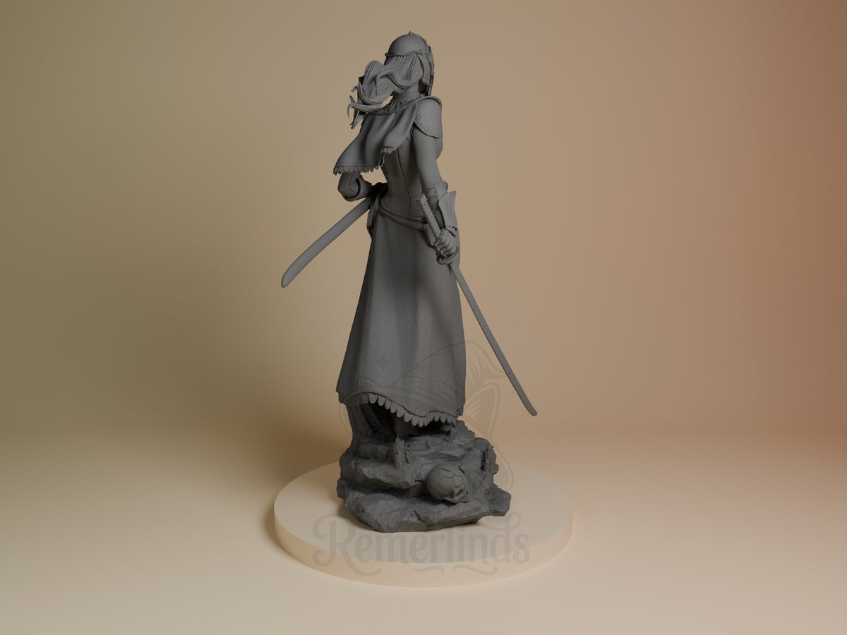 Yuria of Londor resin figure shown from behind, unpainted gray, holding dual swords, wearing flowing robes on rocky base.