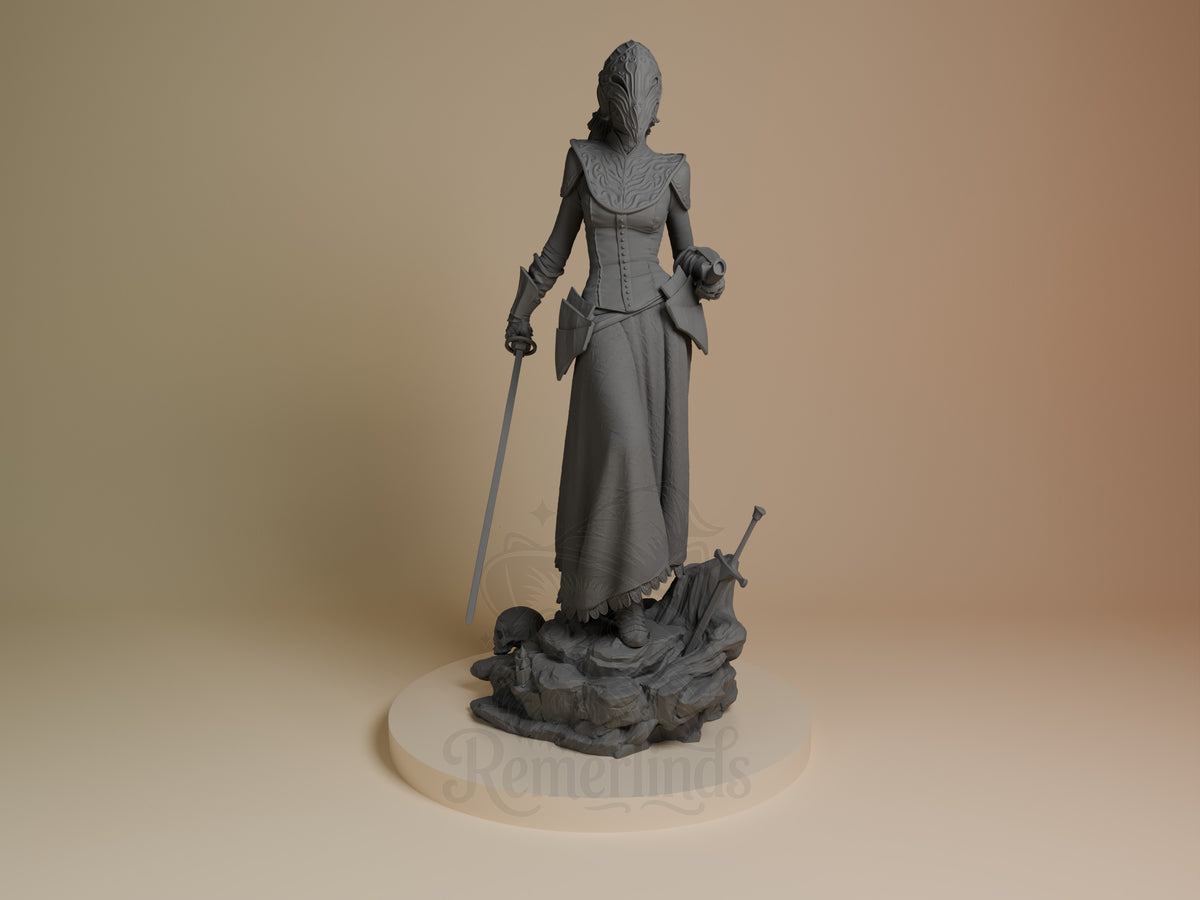 Yuria of Londor resin figure shown from front, standing with sword, unpainted gray finish, detailed base with fallen figure, on cream display platform.