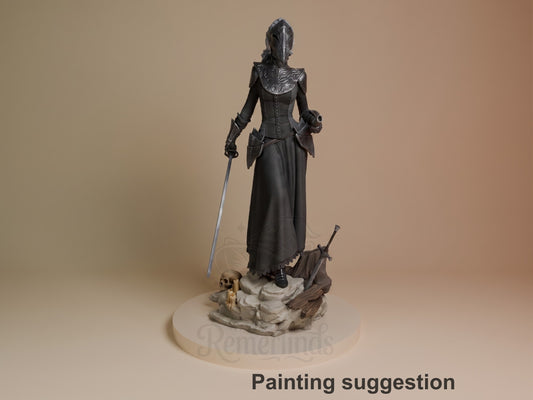 Painted Yuria of Londor from Dark Souls resin figure stands with sword on sculpted skull base.