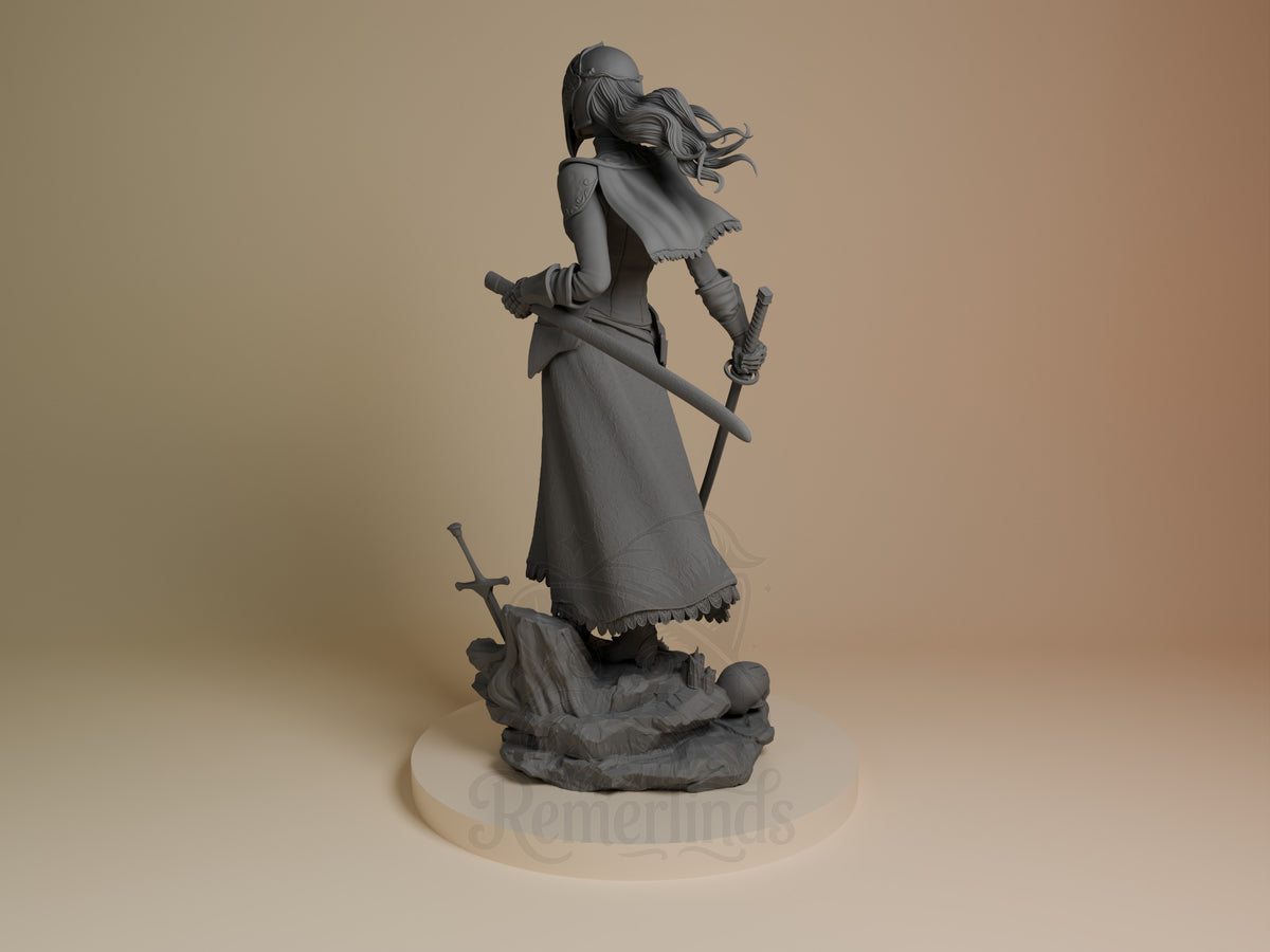 Yuria of Londor resin figure from Dark Souls, shown from left side in dynamic pose holding staff, unpainted gray finish on cream base.