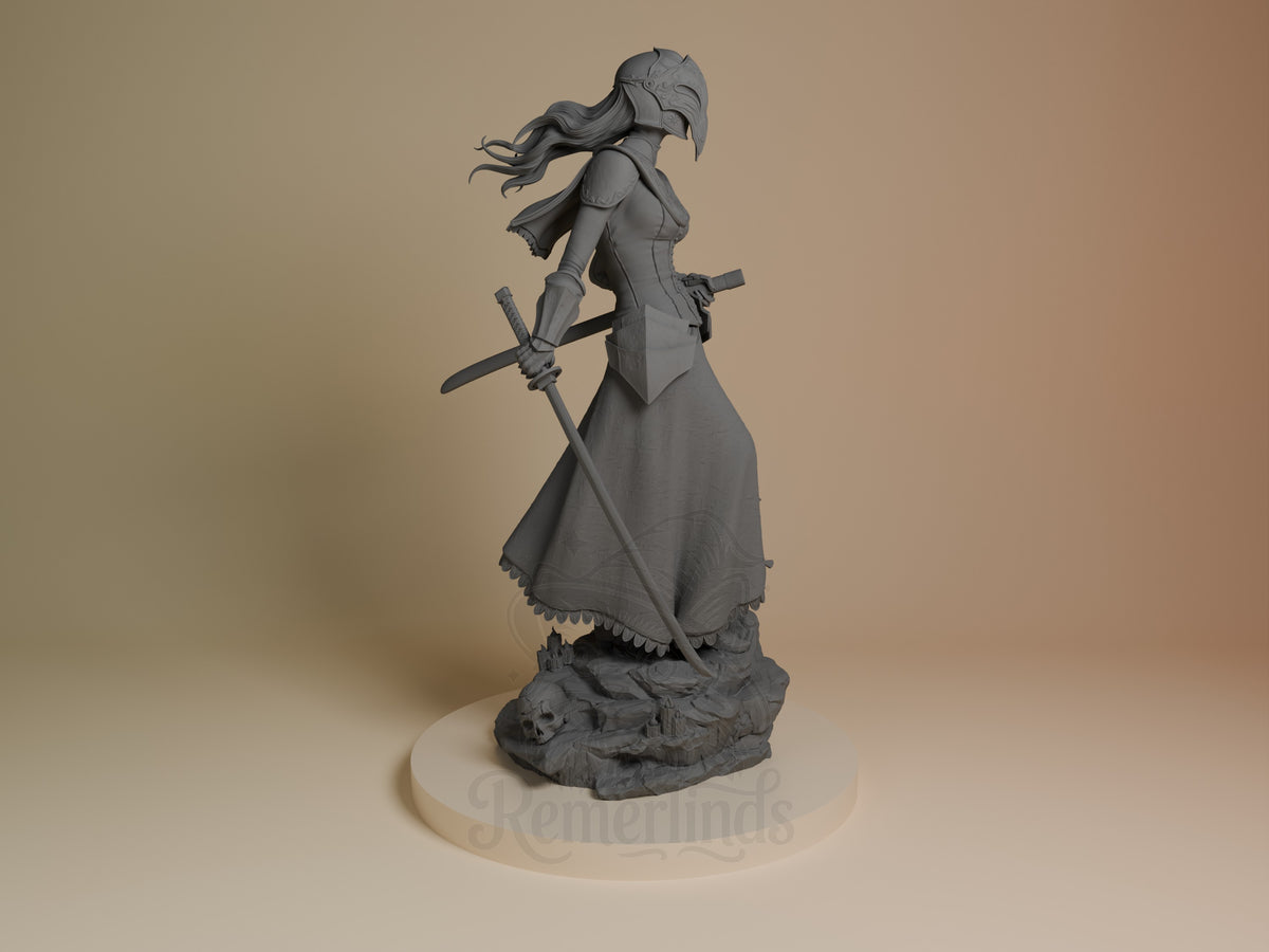 Yuria of Londor resin figure shown in right profile, unpainted gray, holding curved sword with flowing cloak and ornate base featuring carved details.
